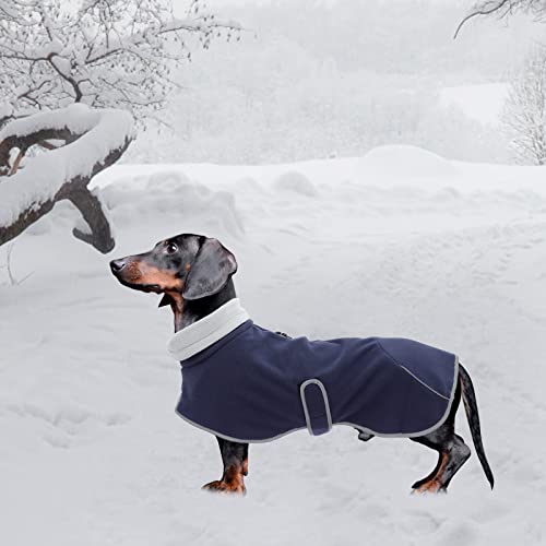 MOREZI Dackeljacke, Kaschmirfutter, Welpenwinterjacke mit Reflexbesatz und hohem Kragen, Hundeschneejacke mit verstellbarem Klettverschluss-Navy blau-M