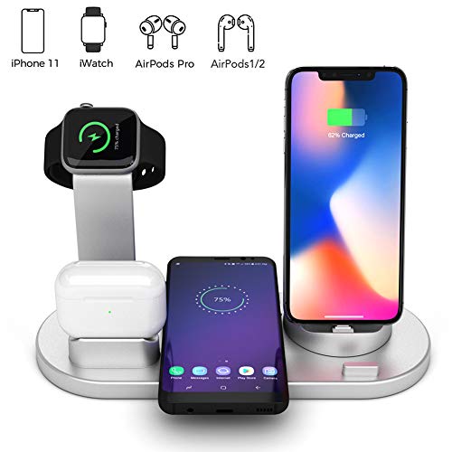 Estación de Carga Inalámbrica 4 en 1 Compatible con Samsung iPhone AirPods Apple Watch iWatch Titular,Fast Cargador Inalámbrico Soporte Base de Carga Compatible con Apple Watch iWatch Titular (Plata)