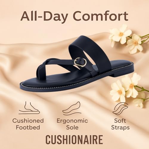 CUSHIONAIRE Laws Womens Sandals, Strappy Vegan Leather Slides for Women with Comfortable Flat Sole and Toe Ring2