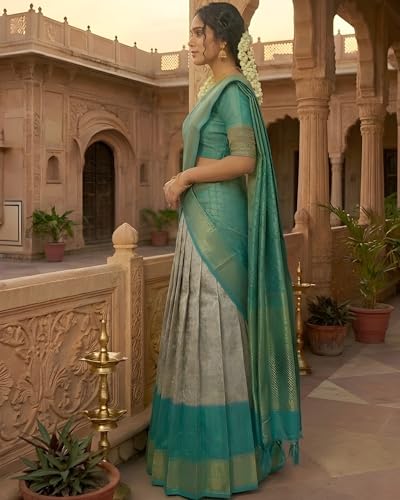 Image of Women's Jacquard Semi-Stitched Lehenga Choli Set with Dupatta (Cream-Firozi) Traditional Indian Wedding Lehenga Saree Style Ethnic Bridal, Mehendi & Festive Outfit for Women & Girls