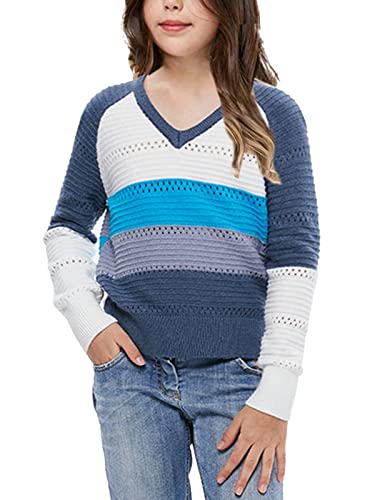 Image of Amarmia Girls' Long Sleeve Knit Sweater Color Block V Neck Cute Warm Pullover Holiday 5-14Y