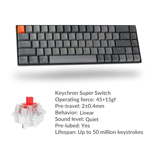 Image of Keychron K6 Hot Swappable Wireless Bluetooth 5.1 /Wired Mechanical Gaming Keyboard, 65% Compact 68-Key RGB LED Backlight Keychron Super Red Switch Rechargeable Battery for Mac Windows