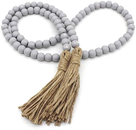 CVHOMEDECO. Wood Beads Garland with Tassels Farmhouse Rustic Wooden Prayer Bead String Wall Hanging Accent for Home Festival Decor. Natural