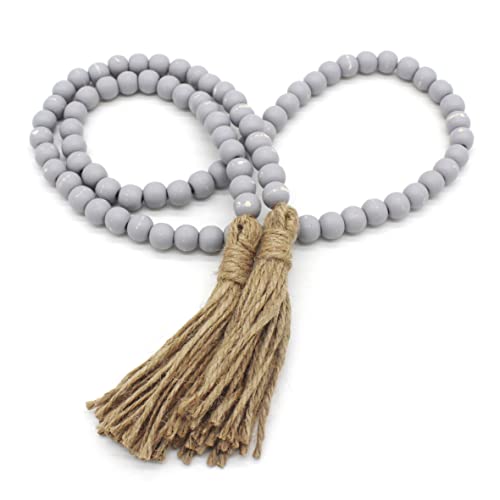 CVHOMEDECO. Wood Beads Garland with Tassels Farmhouse Rustic Wooden Prayer Bead String Wall Hanging Accent for Home Festival Decor. Grey Distressed