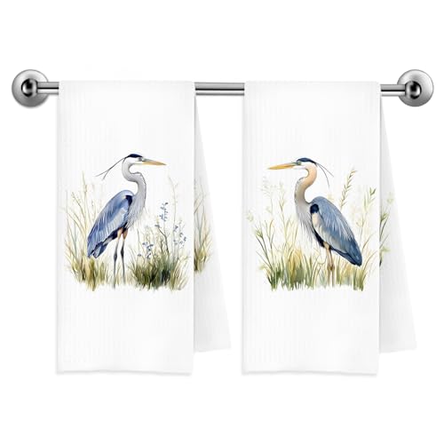 Trenstise Great Blue Heron Coastal Kitchen Towels, Gifts for Bird Lovers, Rustic Blue Heron Bird Decorative Dish Tea Hand Towels for Kitchen Bathroom, 16x24 Inch Set of 2