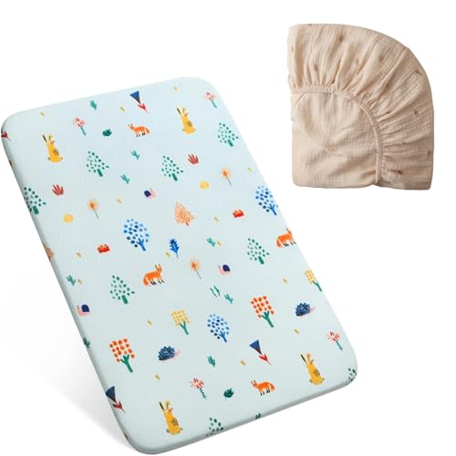 Image of Blissful Diary Pack and Play Mattress, High Density Foam, Medium Firmness, Waterproof, Jacquard Cover, 38x26 inches, Woodland Mattress +1 Rainbow Sheet