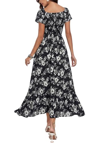 Image of Summer Smocked Boho Maxi Dress for Women 2026 Short Sleeve Floral Smocked Flowy Ruffled Beach Vacation Dresses Lightweight