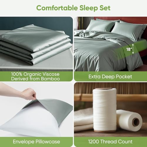 Image of TWK Luxury Sheet Set, Genuine 100% Organic Viscose Derived from Bamboo, Cooling & Breathable, Silky Soft, Bedding Sheets & Pillowcases (Sea Glass, King)