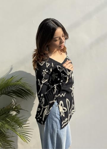 Image of FELISIA Women's Full Sleeves Rayon Printed Square Neck Short Kurti, Bell Sleeves, Short Kurti for Women, Stylish Ethnic Top, Daily Casual Western & Office wear