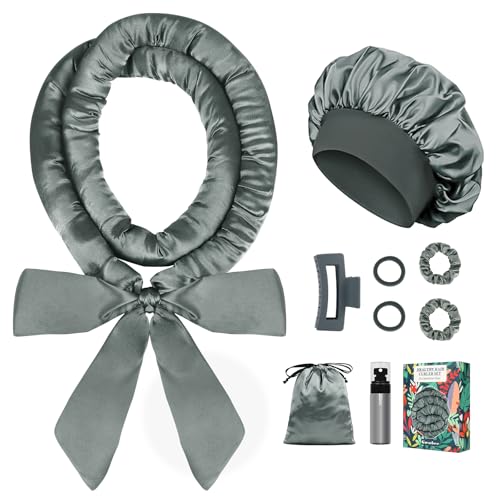 Gwabee Satin Heatless Curls Overnight Hair Curlers to Sleep In Hair Curler Rollers No Heat Hair Wrap for Curls Headband, 70" Satin Heatless Curling Rod Set for Women Long Waves Hair Volume -Grey 9 PCS