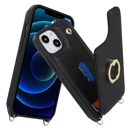 Image of for iPhone 13 Mini Case with Card Holder and Strap for Women,Crossbody Lanyard,Kickstand Ring Stand,Snap Clasp,RFID Blocking,Phone Wallet Cases 5.4 inch(Black)
