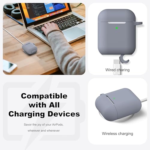 Image of AirPods Case Cover with Keychain, Full Protective Silicone AirPods Accessories Skin Cover for Women Men Girl Boy with Apple AirPods Wireless Charging Case,Front LED Visible-Dark Grey