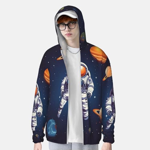 Camisa masculina Space Astronaut com capuz e proteção solar FPS 50+, manga comprida, Rash Guard, Pre