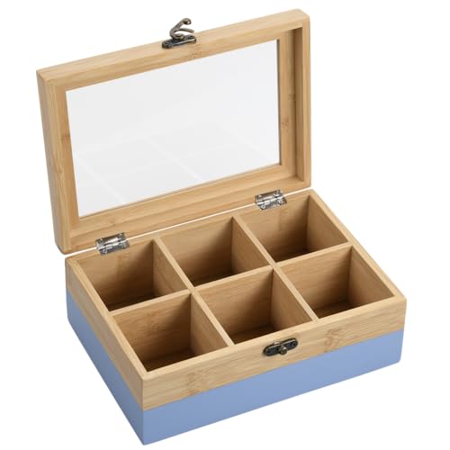 Kesper® | Tee-Box, Material: FSC®-zertifizierter-Bambus – 6 Fächer – mit Sichtfenster & Retro-Verschluss – Teebox zur Aufbewahrung, Maße: 21,5x15x8,5 cm – ohne Tee, Farbe:...