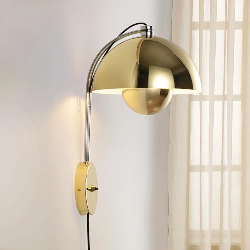 Image of COSYLUX Mid-Century Modern Bud Plug in Wall Sconces for Bedroom, Gold | Indirect lighting reading wall lamp, all-metal construction, plug-in or hardwired install, fits bedroom bedside, living room