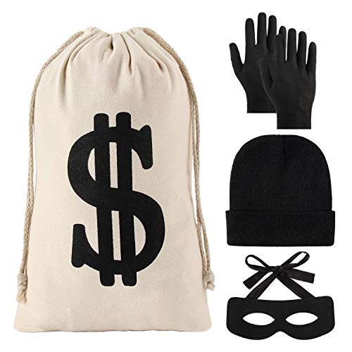 Yaromo 4 Pieces Robber Costume Set, Include Canvas Dollar Sign Money Bags Bandit