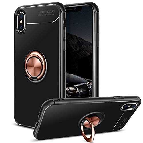 iPhone X Case, iPhone 10 Case, 360 Rotating Ring Grip Stand Kickstand & Magnetic Metal Patch Shock Absorbing Bumper Soft TPU Inner Hard PC Back Cover for iPhone X/10(2017)-Rose Gold-by DAUPIN