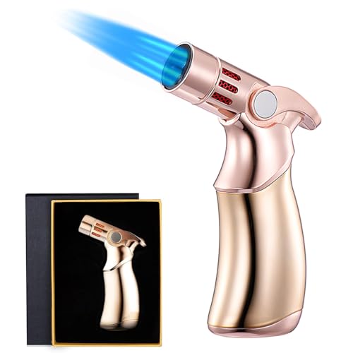 OBD Blow Torch Lighter with Safety Lock & Adjustable Flame Kitchen Blow Torch for Cooking Creme Brulee Desserts BBQ Camping & Searing (Gold)