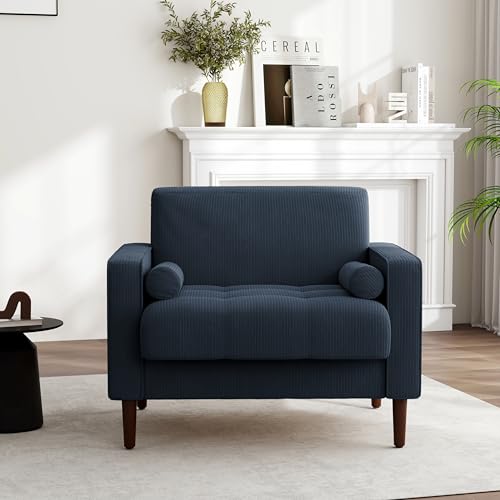 Image of Accent Chair, Corduroy Upholstered Arm Chairs for Living Room, Comfy Armchair Mid-Century Track Armrest Single Sofa Bedroom Reading Seat with 2 Bolster Pillows - Navy Blue, Set of 2