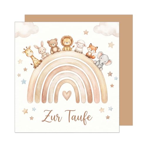 Edition Seidel Premium quadratische Glückwunschkarte zur Taufe mit Umschlag. Taufkarte Grußkarte Karte Taufkind Täufling Junge Mädchen Baby Kind Kinder Regenbogen Sterne Tiere Herz (ETQ137 SW026)