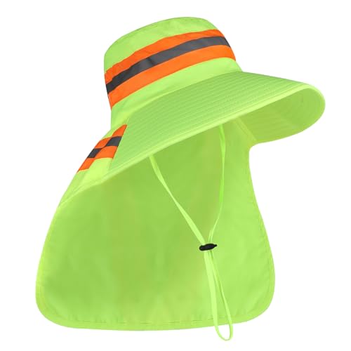 Image of High Visibility Sun Bucket Hat Reflective Neon Boonie Hat Summer Wide Brim Mesh Fishing Cap for Men Women