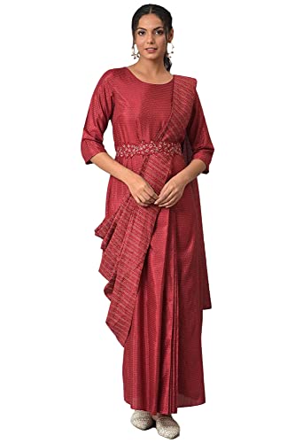 Image of W for Woman Women Maroon Maxi Insta Saree Dress with Embroidered Belt