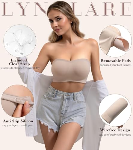 Strapless Bras for Women, Bandeau Bra, Strapless Push Up Bra, Tube Top, Anti Slip Wireless with Clear Strap2