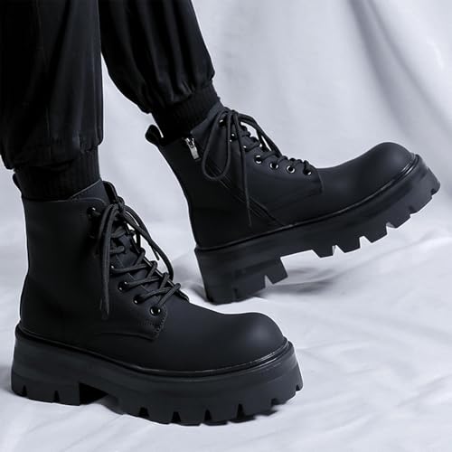Men's Black Leather Platform Motorcycle Boots,Classic Comfort Waterproof Non-Slip Zip Biker Riding Casual Ankle Boots4