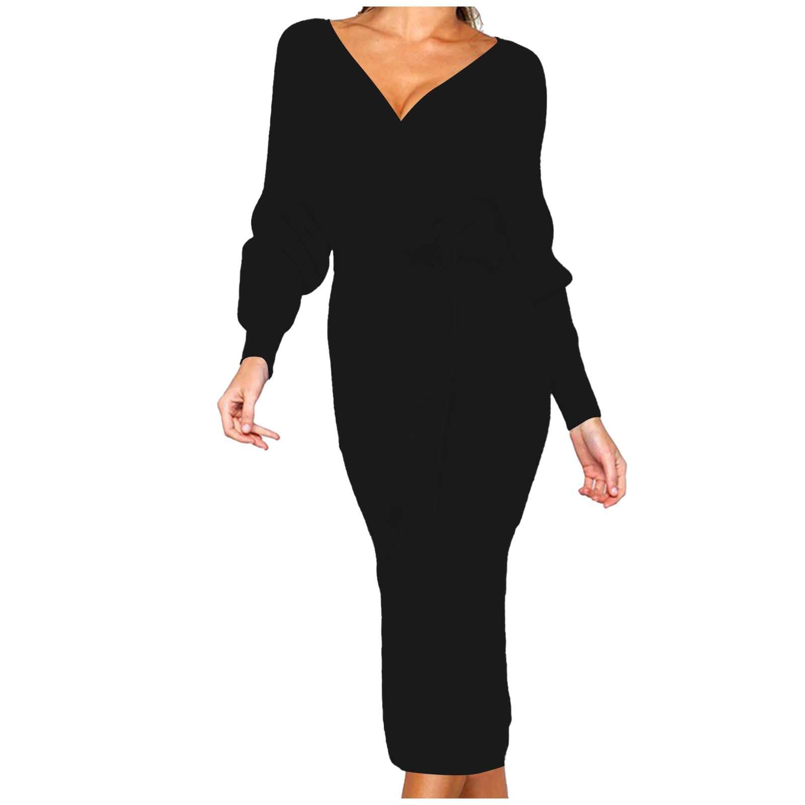 Sweater Dress for Women Fall Long V Neck Bodycon Long Sleeve Ribbed Knit Fashion Pullover Dress Clothes with