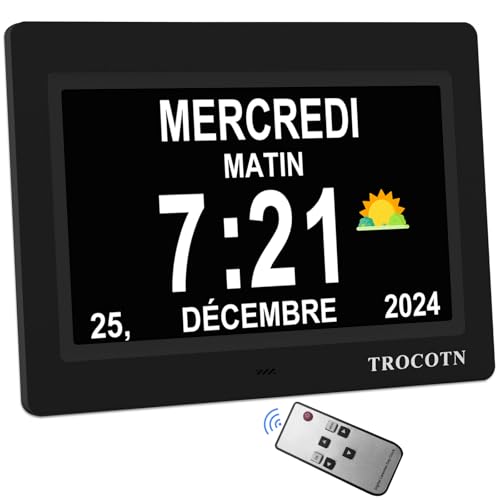 TROCOTN Horloge numérique Grand écran avec Calendrier pour Seniors, icônes Soleil et Lune, Heure d'été Automatique, Mode Nuit avec Gradation, Affichage...