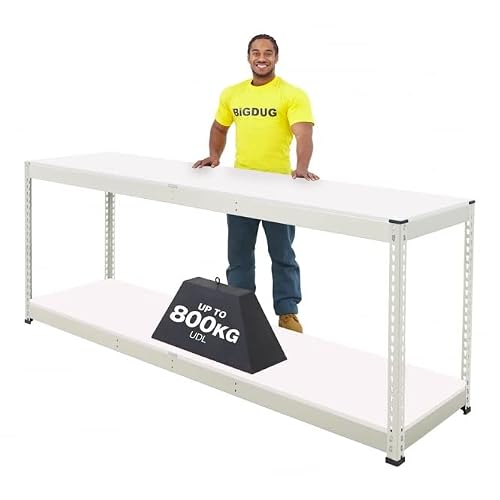 BiGDUG 2-Level Grey Long Workbench with Melamine Shelves - 91.5h x 244w x 122d cm - Up to 500kg Worktop Load Capacity UDL - Powder Coated Steel Workbench Grey