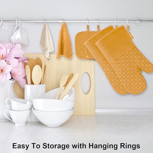 Image of KEGOUU Oven Mitts and Pot Holders 6pcs Set, Kitchen Oven Glove High Heat Resistant 500 Degree Extra Long Oven Mitts and Potholder with Non-Slip Silicone Surface for Cooking (Orange)