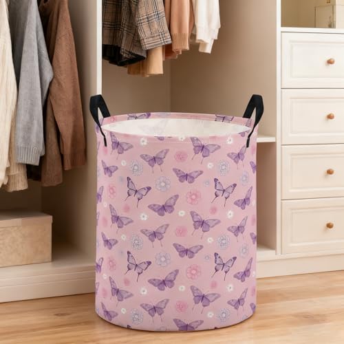 Image of ESSME Kids Laundry Basket,Butterfly Hamper Collapsible Canvas Waterproof Storage Bin for Boys, Cute Hamper,Gift Baskets(Pink butterfly)