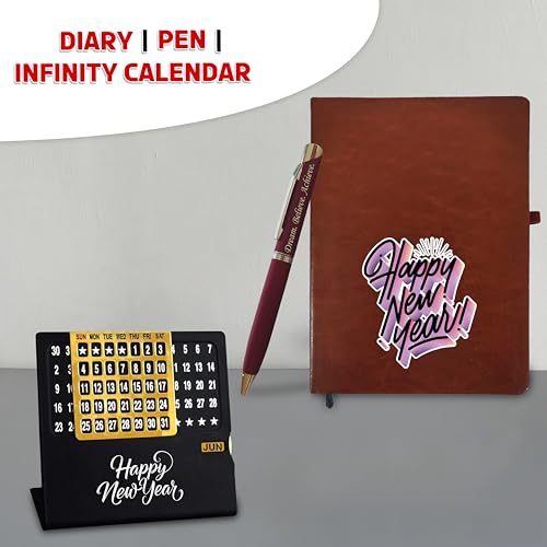 Image of Savri New Year Hamper - Pen with 'Dream. Believe. Achieve.' Quote Engraved, Diary & Infinity Calendar with 'Happy New Year' Engraved -Premium for Professionals, Employees, Corporate, Men & Women (Brown)
