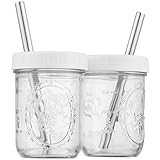Reusable Wide Mouth Smoothie Boba Tea Cups Bubble Tea Cups with Lids and Silver Straws Mason Jars Glass Cups (2-pack, 16 oz mason jars)