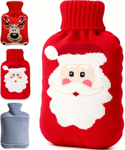 Wärmflasche mit Bezug, 2L Wärmflasche Groß, Auslaufsicher Wärmflaschen mit Kuschelweichem Bezug, Weihnachtsmann Hot Water Bottle, Bettflasche für...