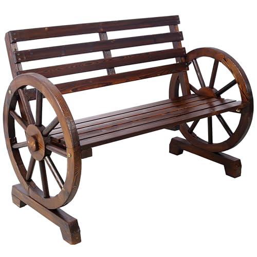 Image of 2 Person Wooden Wagon Wheel Bench for Backyard, Patio, Porch, Garden, Outdoor Lounge Furniture w,Rustic Country Design, Slatted Seat and Backrest Brown