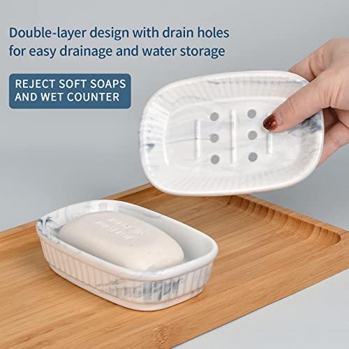 Ceramic Soap Dish, Self-Draining Soap Holder, Double Layer Bar Soap Holder Marble Blue, Draining Soap Dishes For Bathroom Shower Kitchen, Easy To Clean, Keep Soap Dry, Antis's Home #TOP2