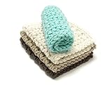 Set of 4 Handmade 4 inch x 7 inch Rectangular Crochet Cotton Dishcloths Brown, Tan, Ecru, Aqua