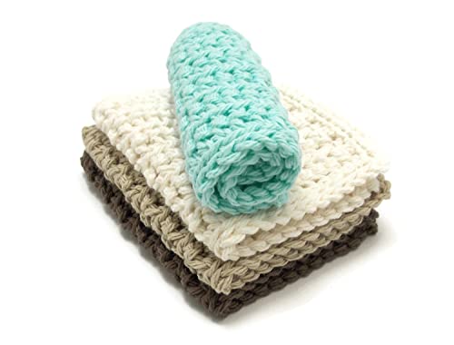 Set of 4 Handmade 4 inch x 7 inch Rectangular Crochet Cotton Dishcloths Brown, Tan, Ecru, Aqua