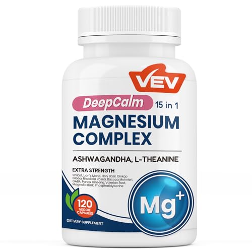 VEV DeepCalm 15 in 1 Magnesium Glycinate & Citrate Complex Capsules, Cortisol Supplements for Women – Easy to take Formula with Ashwagandha & L-Theanine, 120 Vegan Capsules