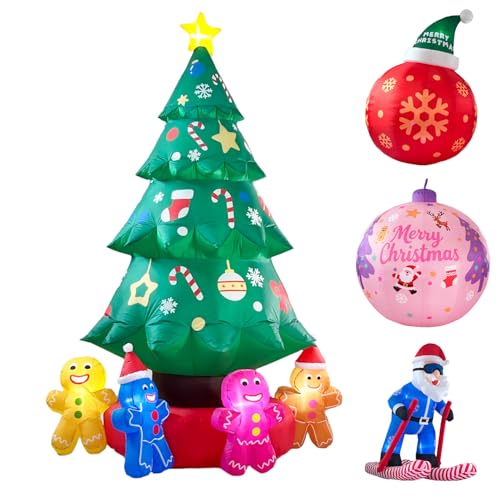 9ft Christmas Tree Decoration with Gingerbread Men Inflatable Outdoor Indoor Decor Giant Blow Up Weatherproof Xmas Decorations for Yard Built-in LED Rotating Light for Gardern Lawn Winter Holiday