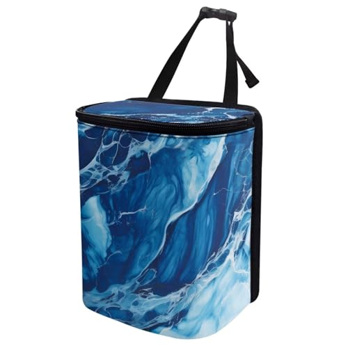 Image of Car Trash Bag with Lid - Collapsible, Waterproof Car Organizer and Storage Accessory for Women, Dark Blue Marble Print