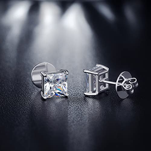 925 Sterling Silver Stud Earrings with Flat Screw Back, Round Cut/Square Cut Cubic Zirconia Hypoallergenic Stud Earrings for Women Men, Long & Thick Post, 4MM-8MM3
