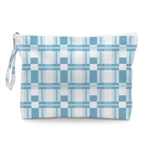 Wet Dry Bag, Wet Bag for Swimsuit, Diaper Sunscreen Large Zipper Pouch Waterproof Pouch, Beach Bags for Women, Blue and White Textured Plaid, Gifts for Ladies Girls Friends Colleagues and Sisters