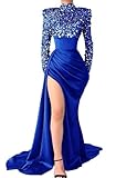 Sexy Mermaid Prom Dresses for Women 2023 Sparkly Sequin Halter Long Sleeve Satin Formal Dress for Teens Royal Blue Bodycon Backless High Neck Evening Party Gowns with Slit Royal Blue Us2