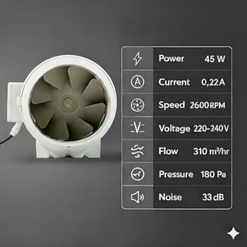 Image of Inline Duct Fan |5 Inch | Silent Mix Flow Fan | Inline Exhaust Fan | Circular Inline Fan /Air Circulation System | White 45W Copper Motor | Airflow 310m3 /h | 2 Speed | 2600 RPM