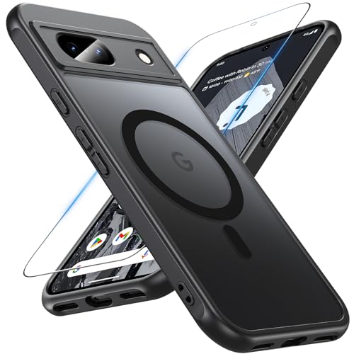 Funda Google Pixel 8a, Magnética Funda para Pixel 8a con Protector de Pantalla Carcasa Google 8a Antigolpes Protectora Translúcido TPU Silicona Funda Compatible con MagSafe (Negro)