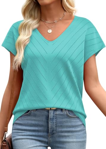 Image of WIHOLL Short Sleeve Sweater for Women V Neck Trendy Summer Tops 2026 Beach Vacation Clothes Travel Business Casual Outfits