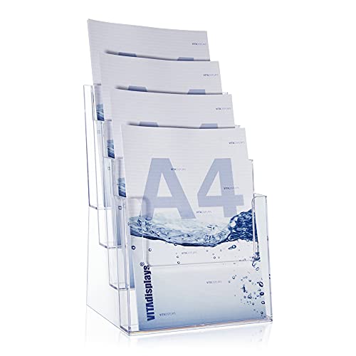 taymar 4C230 Tisch-Prospektständer, Prospektaufsteller im DIN A4 Format (4 Fächer) auf 4 Etagen inkl. Fach-Teilern für eine optionale Umrüstung auf DIN Lang (DL) - trifold mit 8 Fächern – Transparent
